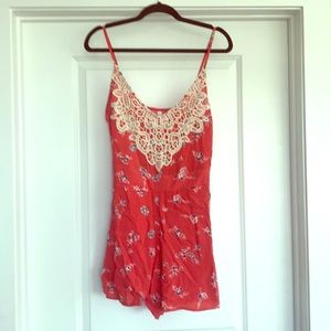 Red floral print romper